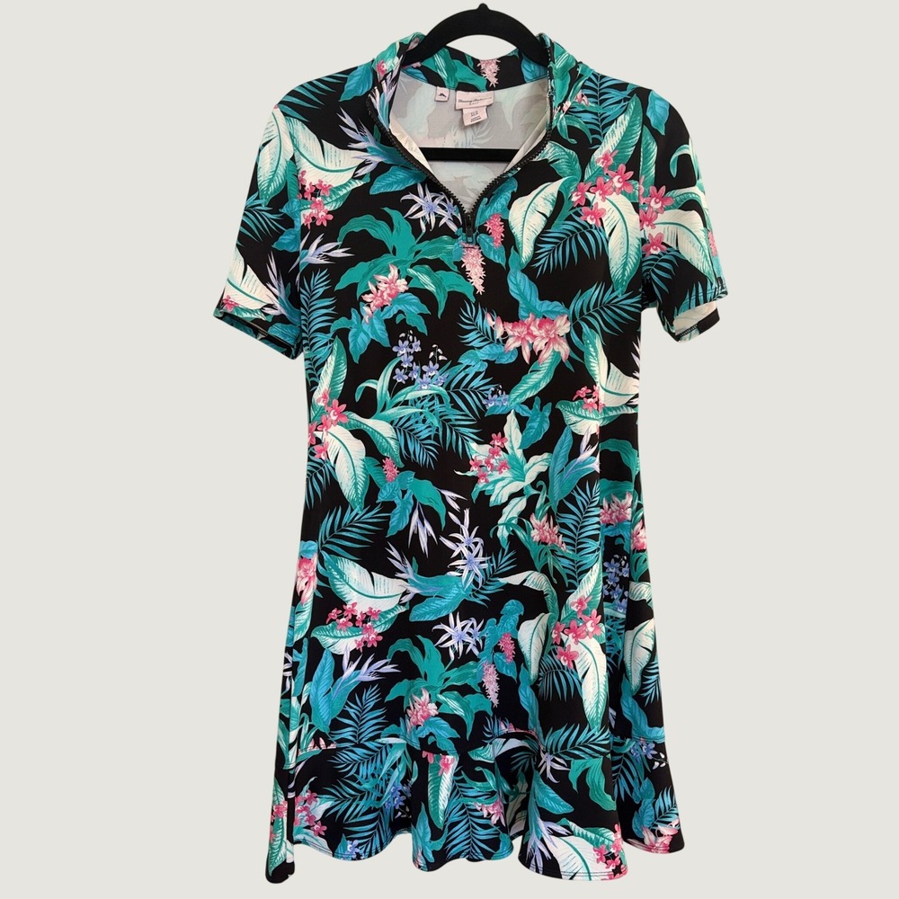 Tommy Bahama Golf Dress Womens Medium Black Tropical Floral Quarter Zip Ruffle